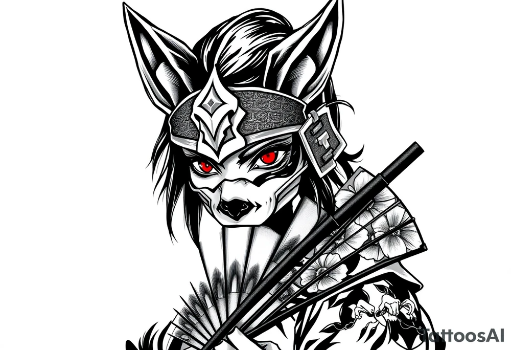Woman samurai with red eyes, wearing an half and broken fox mask, wearing a japanese fan with irises. tattoo idea
