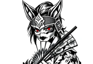 Woman samurai with red eyes, wearing an half and broken fox mask, wearing a japanese fan with irises. tattoo idea