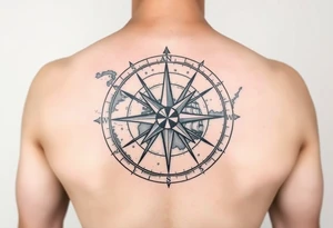 antique compass rose overlaid on weathered world map with sailing ships tattoo idea