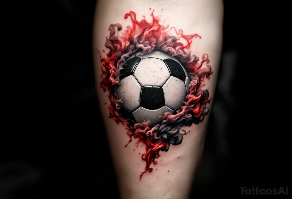 A realistic soccer ball emerging from a red and white smoke cloud shaped like the Slavia crest with czech republic emblem with "slavia" written in it. tattoo idea