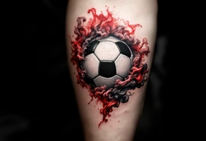 A realistic soccer ball emerging from a red and white smoke cloud shaped like the Slavia crest with czech republic emblem with "slavia" written in it. tattoo idea