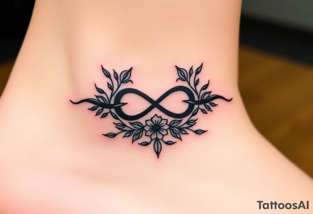 An infinity symbol surrounded by a wreath of wildflowers, with the word "family" flowing beneath tattoo idea
