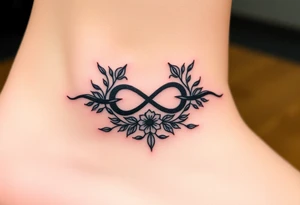 An infinity symbol surrounded by a wreath of wildflowers, with the word "family" flowing beneath tattoo idea