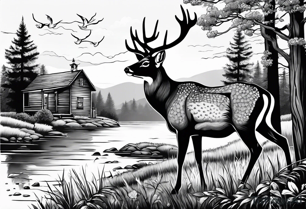 Country scene with deer tattoo idea