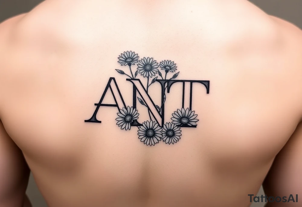 Small Fine line design with overlapping letters A,N,T  with daisies tattoo idea