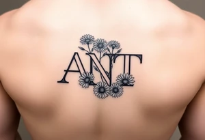 Small Fine line design with overlapping letters A,N,T  with daisies tattoo idea