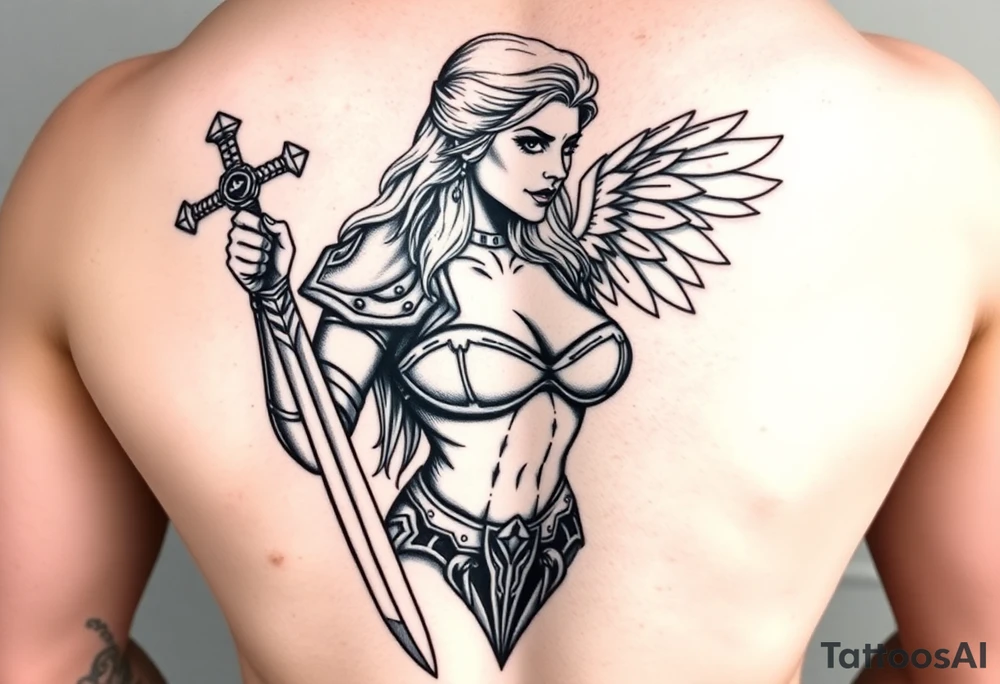 blonde valkyrie with sword and shield -- location calf -- image should show entire body of the valkyrie -- she should have large breasts and beautiful yet tough -- full color, realistic, should have breast armor, less cartoony more realistic, should -- full color-- 
 show her entire body tattoo idea