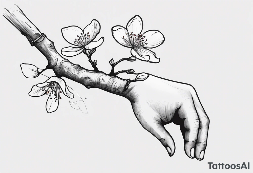 Sure thing! To guide the AI in drawing your tattoo design, you can provide step-by-step instructions like this:

1. Start by drawing a human hand pointing at a skeleton hand on the left shoulder.
2. From the wrist of the human hand, draw a cherry blossom branch sprouting out.
3. Let the branch travel down the arm, wrapping around the bicep once.
4. Narrow the branch to fit through a 7 cm gap on the forearm.
5. Finally, end the branch in a 10 cm gap on the wrist, adding more blossom flora to complete the design.

These detailed instructions should help the AI create a visual representation of your envisioned tattoo. tattoo idea