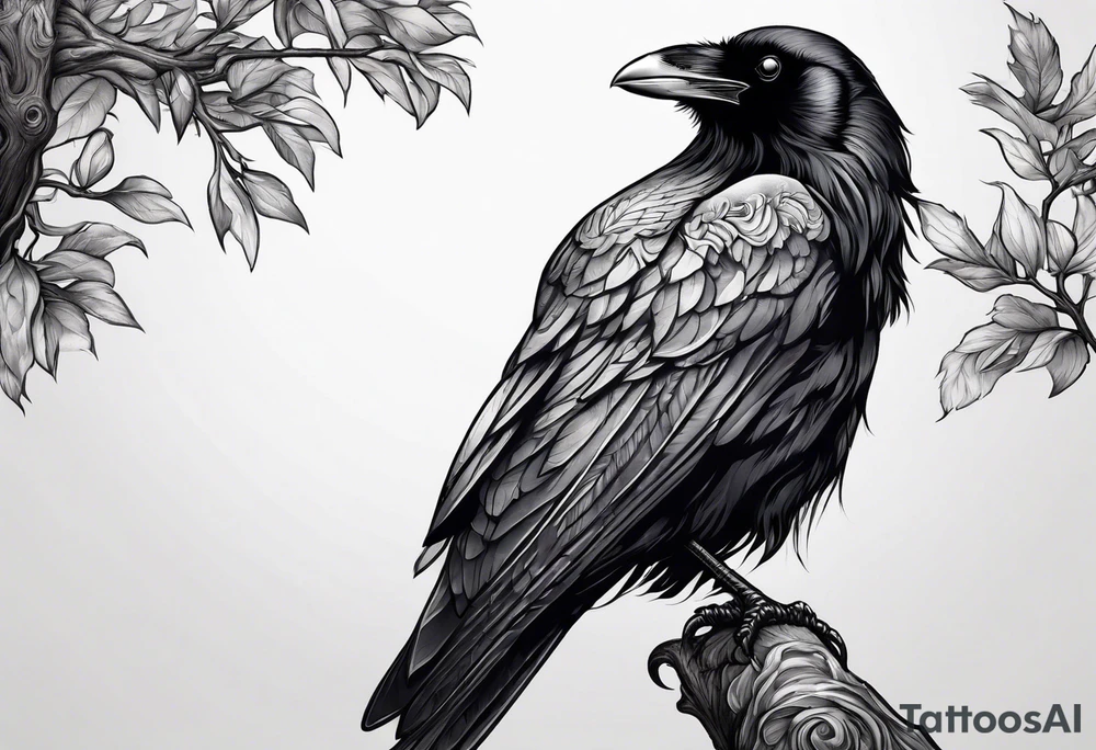 raven perched on branch tattoo idea
