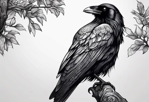 raven perched on branch tattoo idea