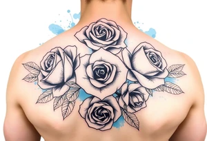 Black and white roses and carnations with blue watercolour behind small and  feminine tattoo idea