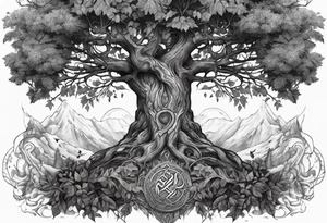 Tattoo of the norse world tree, one half is rotten, the other is full of leaves tattoo idea