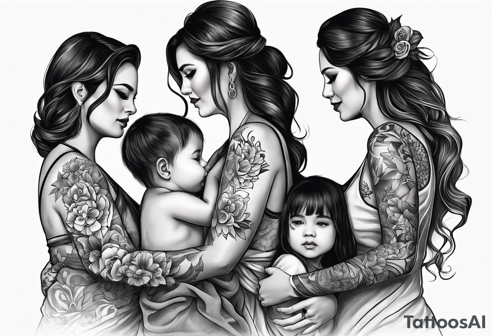 Mothers bond with three daughters, faces turned away tattoo idea Mothers bond with three daughters, faces turned away tattoo idea