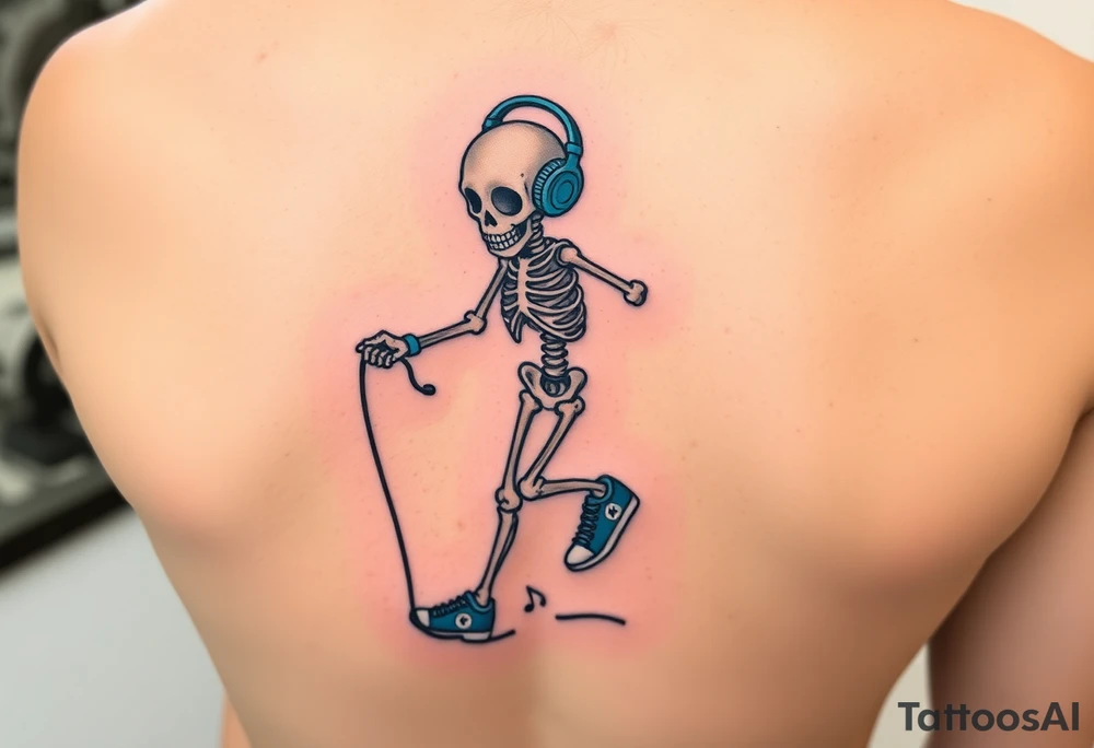Minimalist funny looking short skeleton skipping on a jumping rope with blue headphone blue tennis shoes blue arm bands and music notes colorful tattoo idea