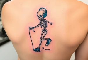 Minimalist funny looking short skeleton skipping on a jumping rope with blue headphone blue tennis shoes blue arm bands and music notes colorful tattoo idea