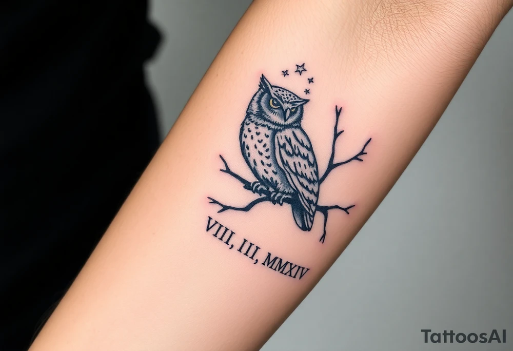 wise owl perched on ancient oak branch under starlit sky with “ VIII.III.MMXIV” underneath in Roman style font tattoo idea