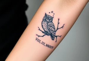 wise owl perched on ancient oak branch under starlit sky with “ VIII.III.MMXIV” underneath in Roman style font tattoo idea