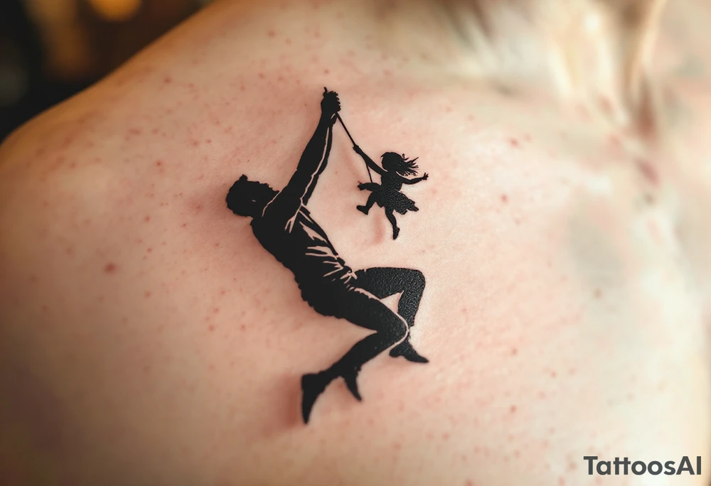A bold black silhouette of a father swinging his daughter by the arms, mid-air, with ground shadow to enhance movement. tattoo idea
