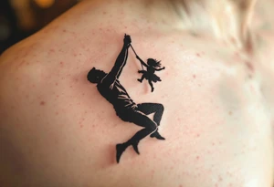 A bold black silhouette of a father swinging his daughter by the arms, mid-air, with ground shadow to enhance movement. tattoo idea