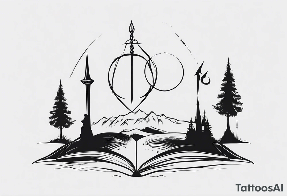 Lord of the rings with Harry Potter incorporated but clear visual of both movies. Small and minimal. Something like the deathly hallows symbol made out of swords and wizard staff from LOTR tattoo idea