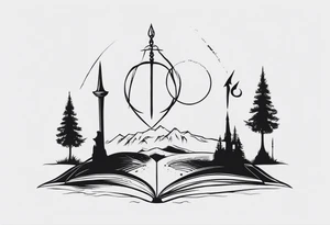 Lord of the rings with Harry Potter incorporated but clear visual of both movies. Small and minimal. Something like the deathly hallows symbol made out of swords and wizard staff from LOTR tattoo idea