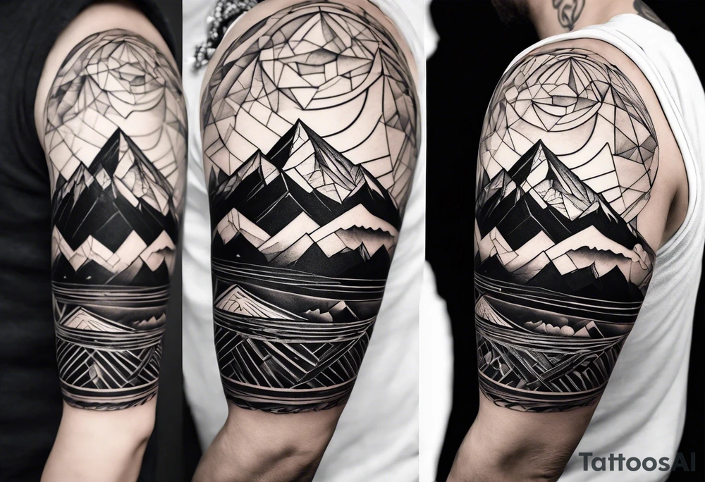 A geometric half sleeve with a mountain peak tattoo idea