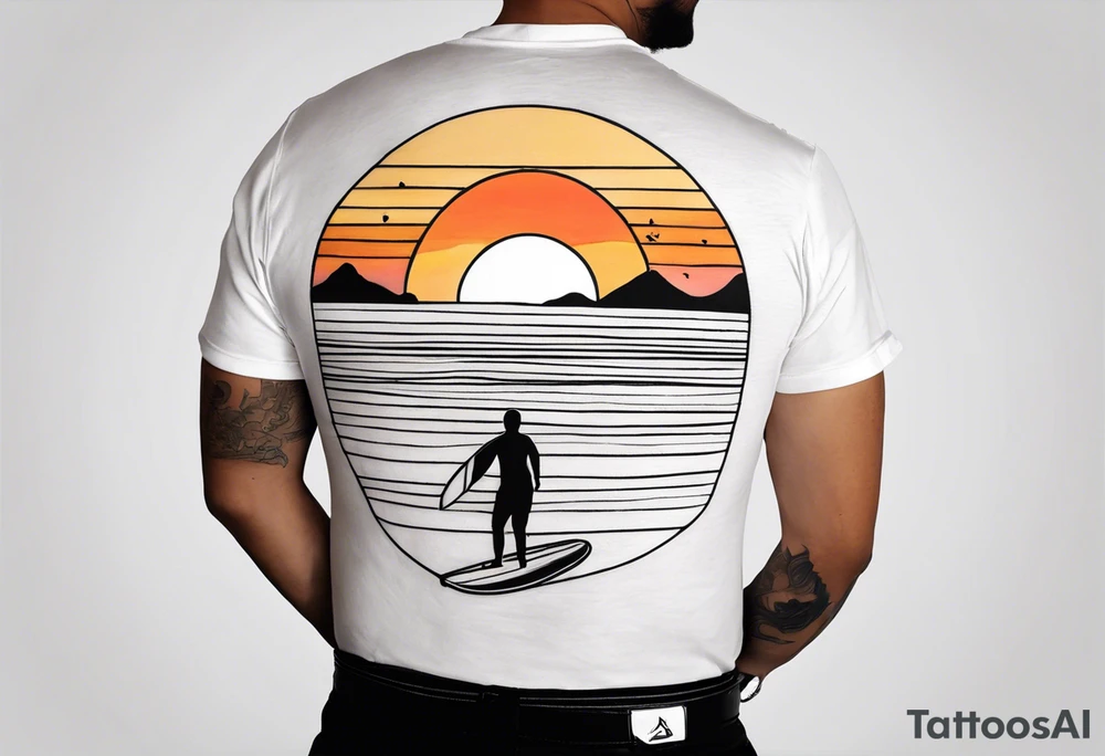 Black and white Line work tattoo depicting a father surfing with his two daughters.  The sunset and horizon have musical notes. tattoo idea