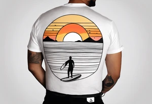 Black and white Line work tattoo depicting a father surfing with his two daughters.  The sunset and horizon have musical notes. tattoo idea