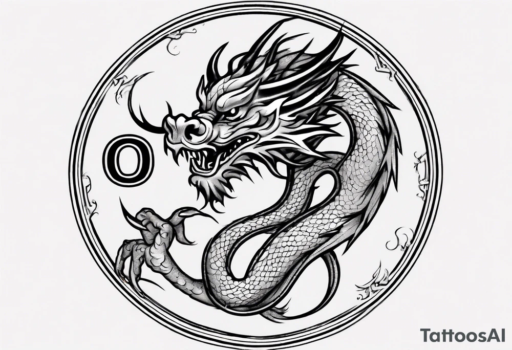 Chinese dragon in a circular shape with "02.03" written on its skin tattoo idea