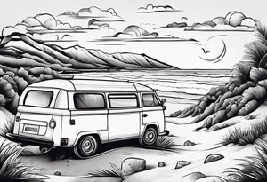 Beach with hills behind, a rugby ball, wine bottle and book on the beach, a plane in the sky and a campervan tattoo idea