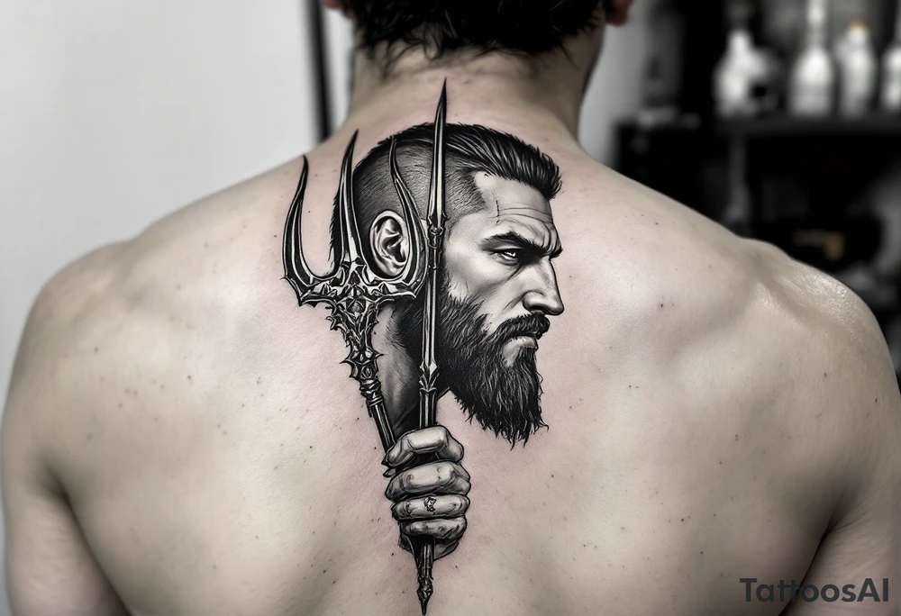 fit poseidon, behind a trident, looking at his nose tattoo idea