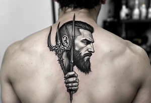 fit poseidon, behind a trident, looking at his nose tattoo idea