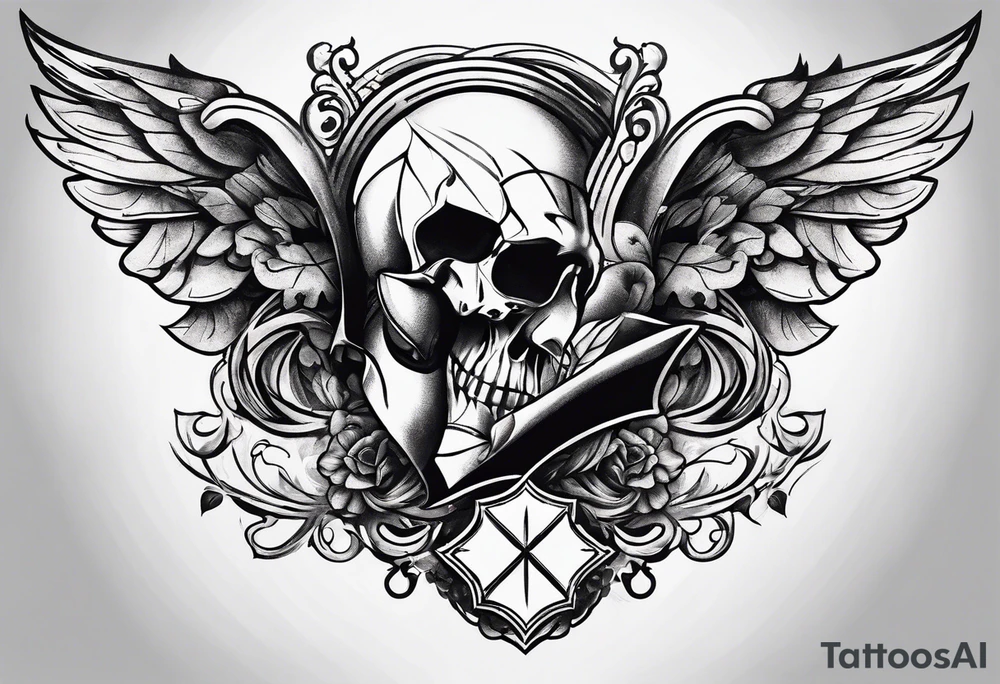 mens chest tattoo with 4 leaf clovers on the collar bone, wings on the shoulders and two faces on in the middle with shading tattoo idea