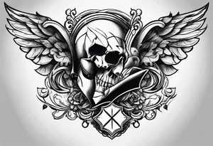 mens chest tattoo with 4 leaf clovers on the collar bone, wings on the shoulders and two faces on in the middle with shading tattoo idea