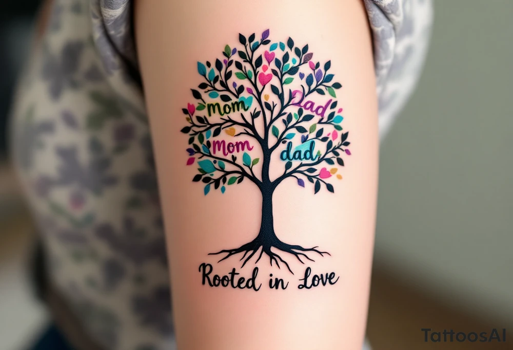 A black ink tree with leaves written with "mom" "dad" in shades of green, pink, and blue, with “Rooted in Love” at the base. tattoo idea