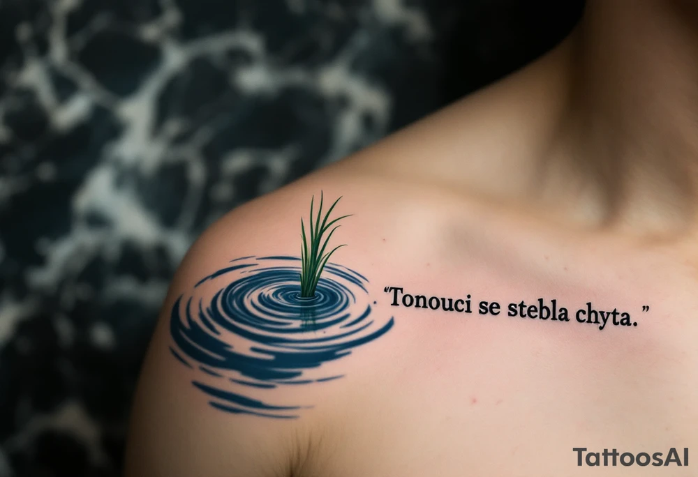 "Tonouci se stebla chyta." — A hand reaching for a single green reed in turbulent navy-blue waters, with the quote trailing behind like ripples. tattoo idea