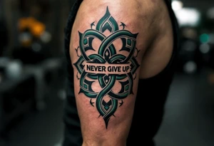 The words "never give up" woven into a celtic knot, shaded in forest green and charcoal black. tattoo idea