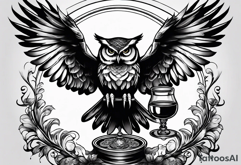 Create a flying owl holding an old wine goblet and an hourglass tattoo idea