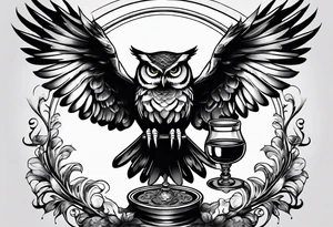 Create a flying owl holding an old wine goblet and an hourglass tattoo idea