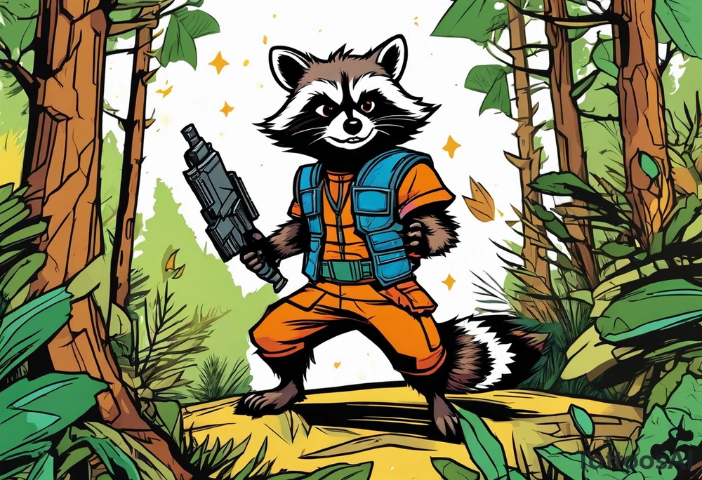rocket raccoon in a defensive position in a forest tattoo idea