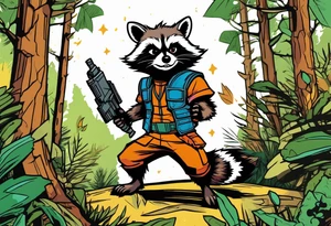 rocket raccoon in a defensive position in a forest tattoo idea