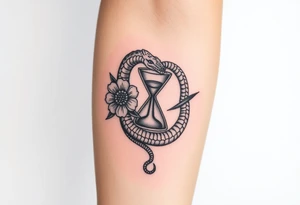 Ouroboros surrounded by a flower and hour glass tattoo idea