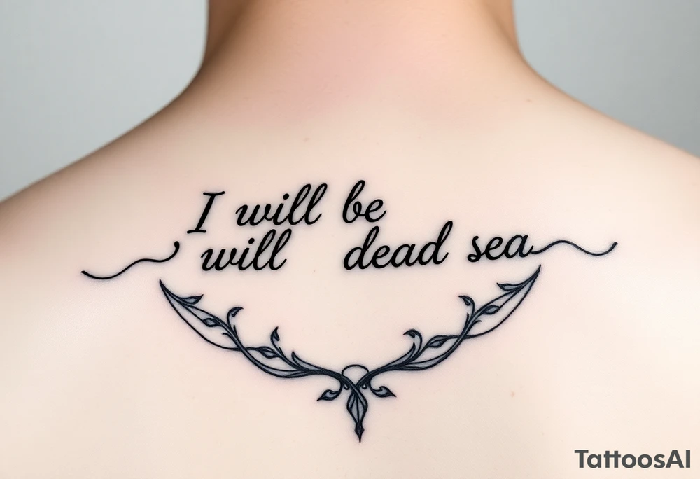 Feminine fine line tattoo representing the following quote “I will be your Dead Sea”. Black lines only tattoo idea