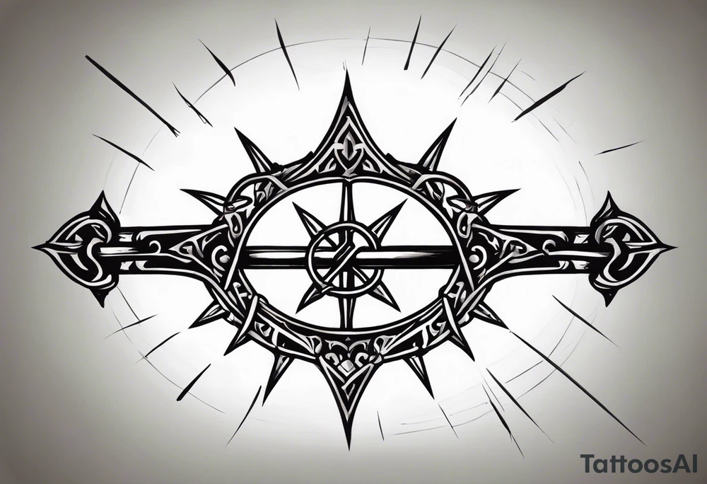 A simple design of a crown of thorns resting on the guard of a sword that is piercing a heart tattoo idea