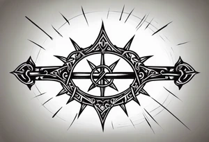 A simple design of a crown of thorns resting on the guard of a sword that is piercing a heart tattoo idea