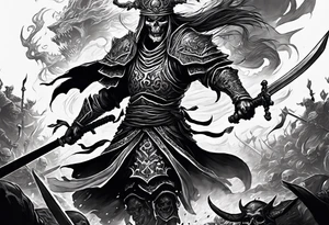 Undead Lich necromancer raising an army of the dead from the souls of dead samurai warriors on a battlefield tattoo idea