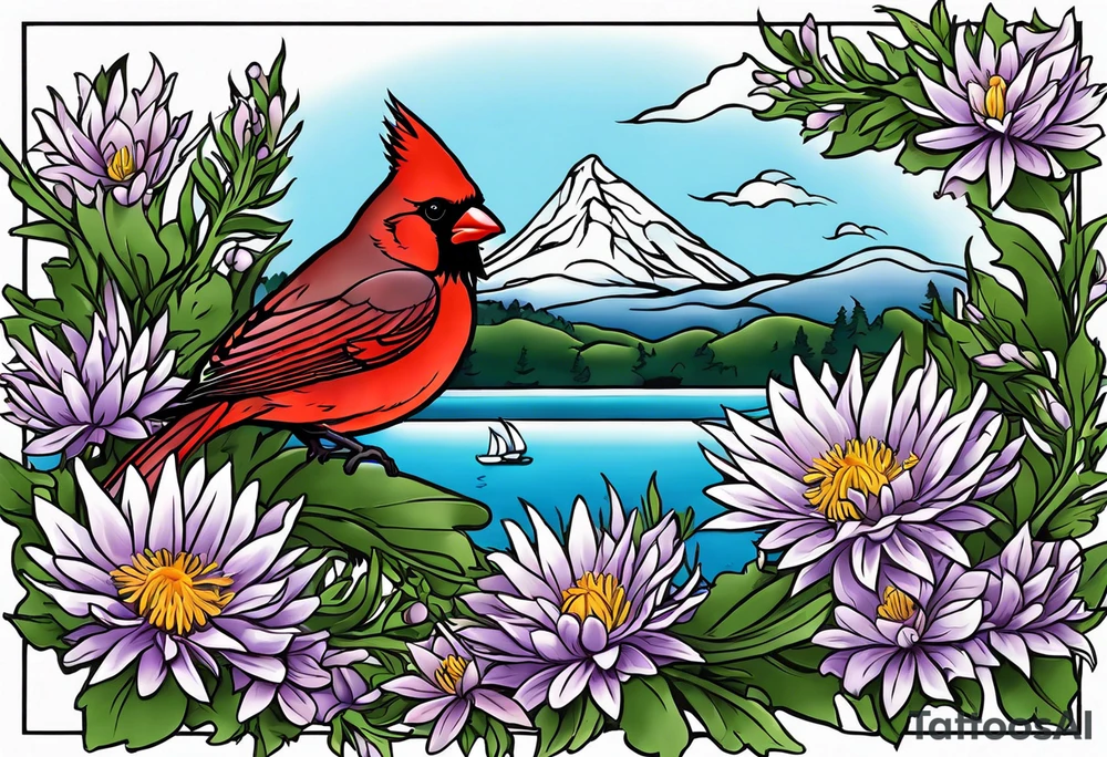 Aster flowers and sea rocket flowers with a cardinal around the words Dad on a small lake tattoo idea