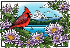 Aster flowers and sea rocket flowers with a cardinal around the words Dad on a small lake tattoo idea