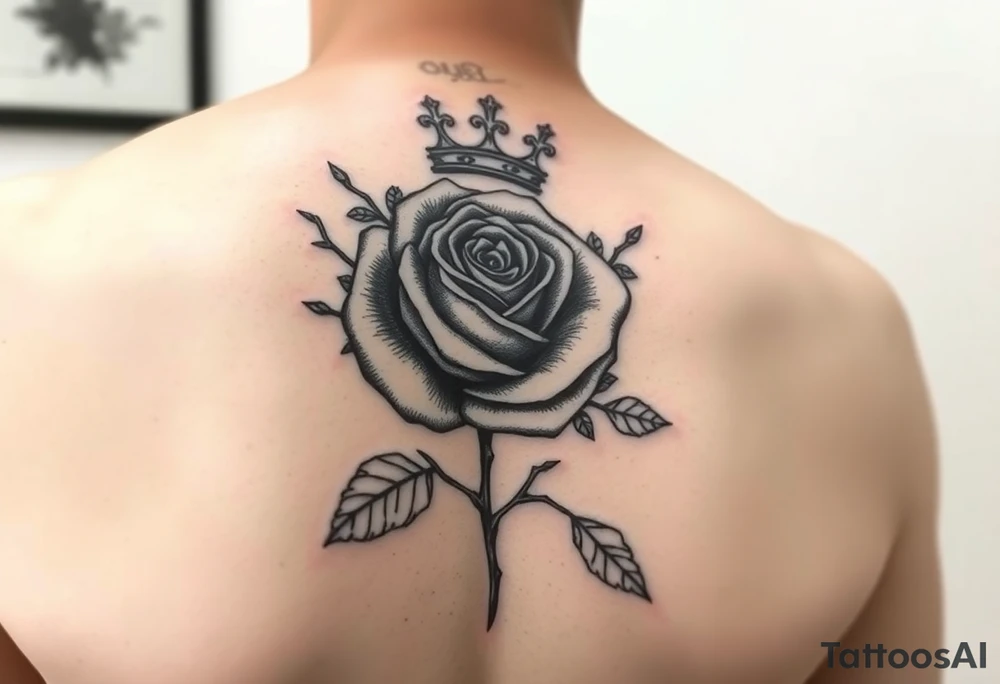 Single rose with 1982 as the stem if the rose with queen if heaetz and crown around or on top of rose with vines and thorns on top of arm tattoo idea