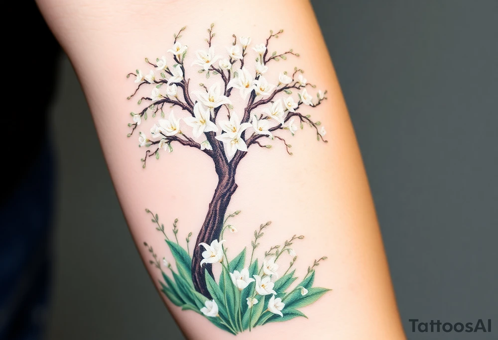 White flowering Lilly of the vally bell plants on the ground underneath a majestic blooming hawthorn tree tattoo idea